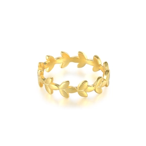 Polished golden olive leaf wreath ring in S925 sterling silver for women on white background