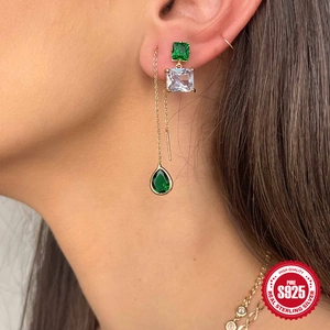 Orecchini pendenti in argento S925 con pietre verde smeraldo e rosa champagne