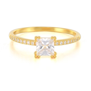 S925 sterling silver gold plated square princess cut diamond ring with pavé side stones