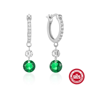 Pendientes de aro en plata S925 con pavé de diamantes y gotas de esmeralda verde clásica