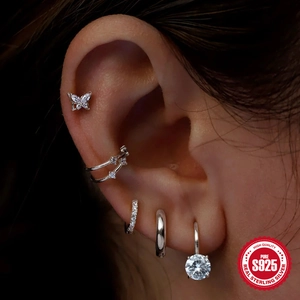 S925 sterling zilveren oorringen set met vlinderknopjes en schitterende zirkoon hangers