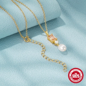 Collana di lusso in argento S925 dorato con gemma arancione e pendente perla a goccia