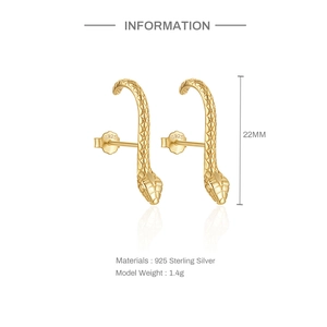 Macro detail of 925 sterling silver snake stud earring with 22mm size and S925 hallmark