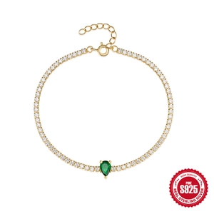 925 Sterling Silver Gold Plated Tennis Bracelet For Women Pear Cut Green Cubic Zirconia Water Drop Charm INS Fashion Jewelry Gift