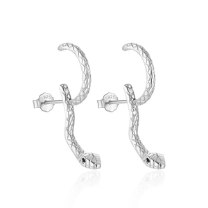 Detail of S925 sterling silver stamp on snake-shaped earrings with scale texture
