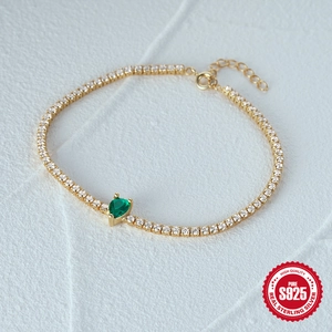 S925 sterling silver gold tennis bracelet with white CZ and green pear cut stone