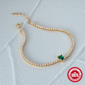 S925 sterling silver tennis bracelet with white cubic zirconia and a green pear-shaped stone