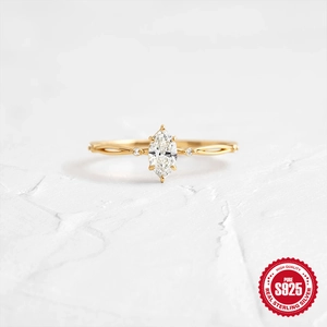 Elegante anello in argento sterling 925 dorato con diamante taglio marquise per fidanzamento