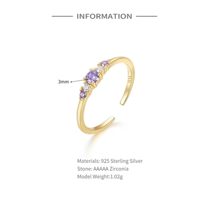 Detail of adjustable S925 sterling silver ring with inlaid purple and white zircon stones