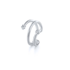 Detail of silver S925 cross ear cuff featuring a small star and a sparkling cubic zirconia