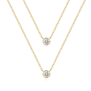Classic double-layered gold S925 silver necklace with bezel-set round diamond pendants
