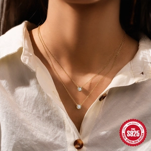 Elegant double-layered S925 sterling silver gold necklace with sparkling zircon pendants