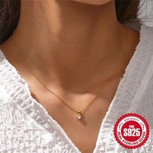Conjunto de collar de plata de ley S925 bañado en oro con circón redondo brillante