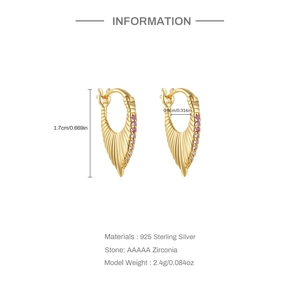 Detail of S925 sterling silver fan earrings with gradient zircon inlay and size dimensions