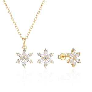 Makroaufnahme des S925-Stempels auf dem goldenen Schneeflocken-Schmuckset mit Kristallen