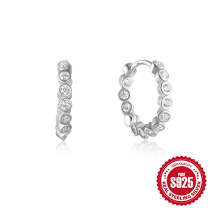 Classic 925 sterling silver hoop earrings with clear round sparkling zircon stones