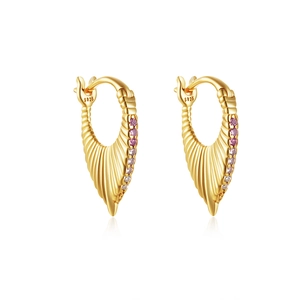 Detail view of gold-plated S925 silver hoop earrings with purple zircon crystals
