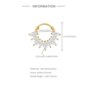 Detailed view of S925 silver nose ring with marquise-cut zirconia and dimensions