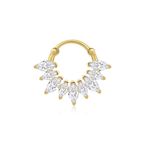 Detailed close-up of S925 silver nose ring with marquise-cut opal in gold setting