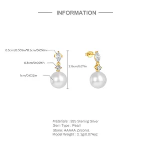 Schema tecnico di orecchini con perle in argento S925 con dimensioni e specifiche materiali