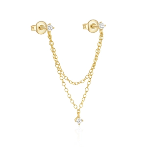 Detail van gouden S925 zilveren dubbele piercing kettingoorbellen met zircon-accenten