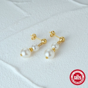 Elegant 925 sterling silver earrings with double white pearls and gold accents