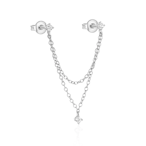 Detail van de zilveren ketting oorbellen met glanzende zirkonia stenen hangers