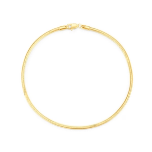 Detail shot of a flexible golden snake chain featuring smooth texture and lobster clasp closure