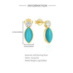 Detailed view of S925 sterling silver turquoise stud earrings with dimensions and S925 hallmark