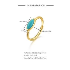 Macro detail of S925 sterling silver ring with marquise turquoise and size measurements