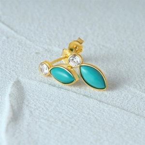 Detailed close-up of S925 silver gold-plated turquoise and zircon marquise stud earrings