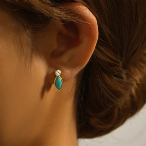 Close-up of S925 silver turquoise marquise earring worn on model featuring gold finish