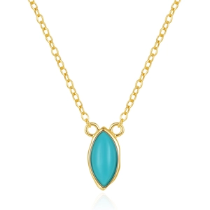 Detailed shot of a gold necklace featuring a marquise-cut turquoise gemstone pendant