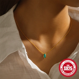 Minimalist S925 sterling silver gold necklace with marquise turquoise pendant for women