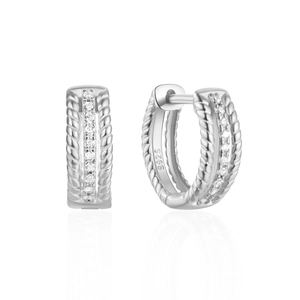 Detail of 925 sterling silver huggie earrings with twisted edges and zircon inlay