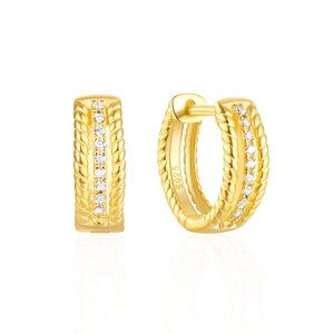 Close-up of S925 sterling silver gold-plated hoop earrings with twisted rope edges and zircons
