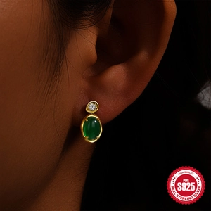 Luxus Ohrringe aus 925 Sterling Silber Gold mit ovalem Smaragd und klarem Diamant