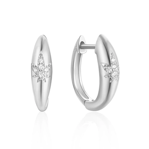 Close-up of S925 sterling silver hoop earrings with sparkling cubic zirconia leaf patterns