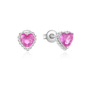 Detailopname van 925 sterling zilveren hart oorknopjes met roze zirkoon en kralenrand