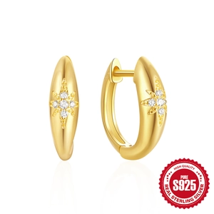 Gold S925 sterling silver hoop earrings featuring octagonal stars and white cubic zirconia