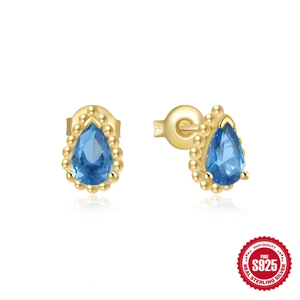 S925 sterling zilveren oorbellen met blauwe druppelstenen en gouden kralenrand