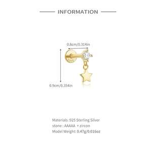 Dettaglio delle dimensioni 0,8x0,9 cm per orecchino a stella in argento 925 con zircone AAAAA