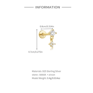 Dettaglio macro dell'orecchino in argento S925 dorato con zircone AAAAA e dimensioni