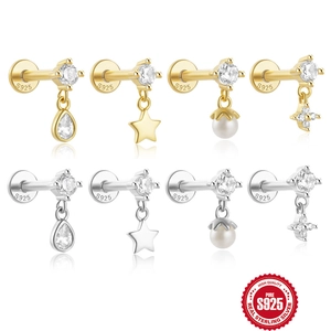 925 Sterling Argento Stella Croce Perla Artificial Goccia Zirconia Orecchini a Bottone per Cartilagine Minimalista Labret Gioielli Corpo per Unisex
