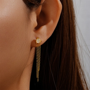 Detail of S925 silver butterfly opal tassel drop earrings with gold finish and chains