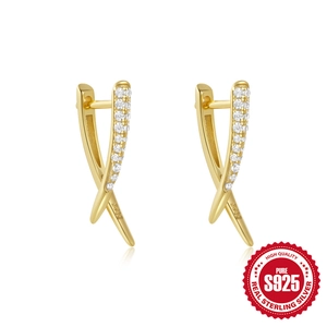 S925 sterling silver geometric X-shaped hoop earrings with sparkling pavé cubic zirconia