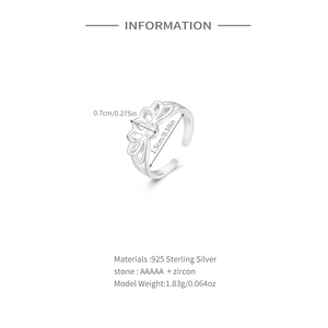 Detail of s925 silver lotus toe ring with zircon setting and technical dimensions