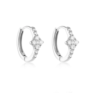 Detail of S925 silver huggie earrings featuring diamond-shaped zircon stone settings