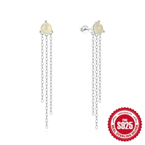 S925 sterling silver tassel drop earrings with opal stone and long hanging chains