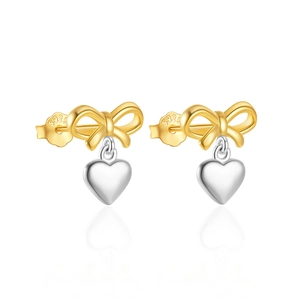 Eleganti orecchini a lobo in argento sterling S925 con fiocco e cuore bicolore oro-argento